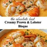Creamy prawn lobster bisque served in a bowl with garnishes