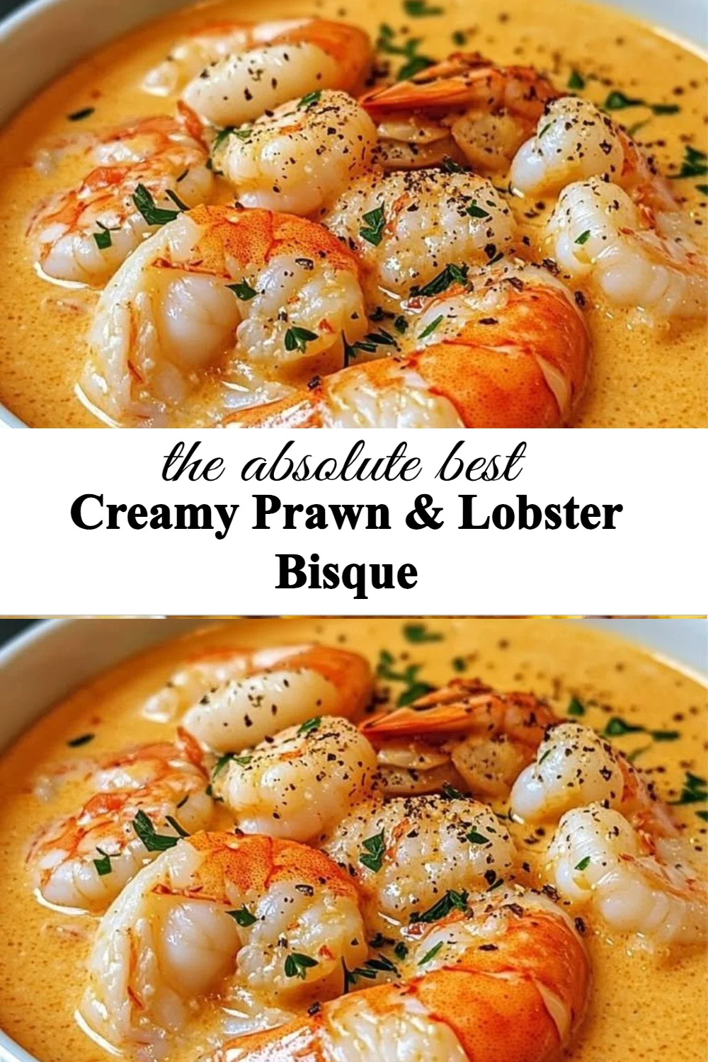 Creamy prawn lobster bisque served in a bowl with garnishes