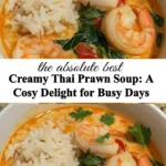 Bowl of creamy Thai prawn soup garnished with herbs and spices