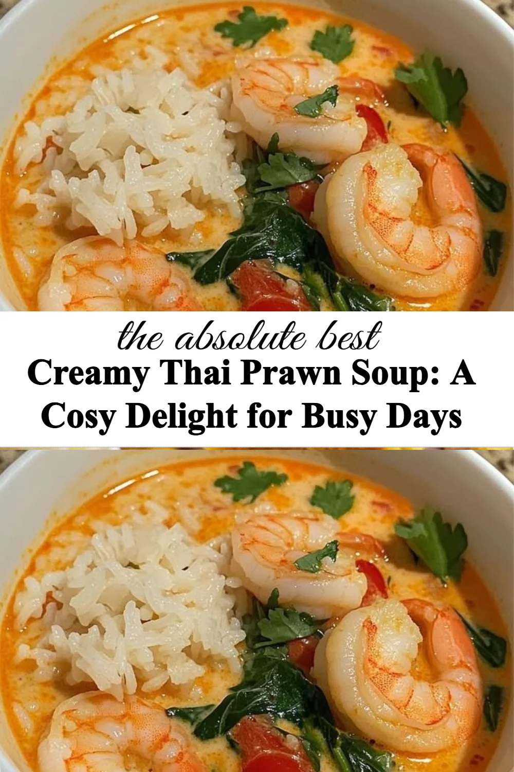 Bowl of creamy Thai prawn soup garnished with herbs and spices