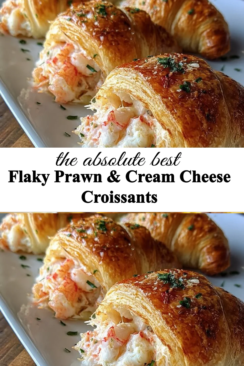 Flaky prawn croissants filled with cream cheese, garnished and ready to serve.