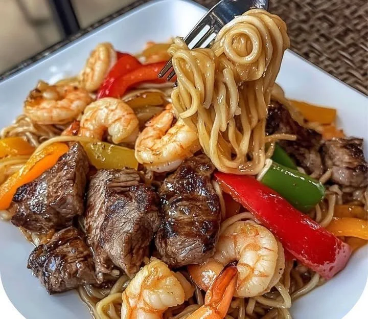 Garlic Butter Steak and Prawn Noodles