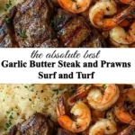 Delicious garlic butter steak and prawns dish for surf and turf lovers
