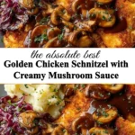 Golden chicken schnitzel served with creamy mushroom sauce on a plate