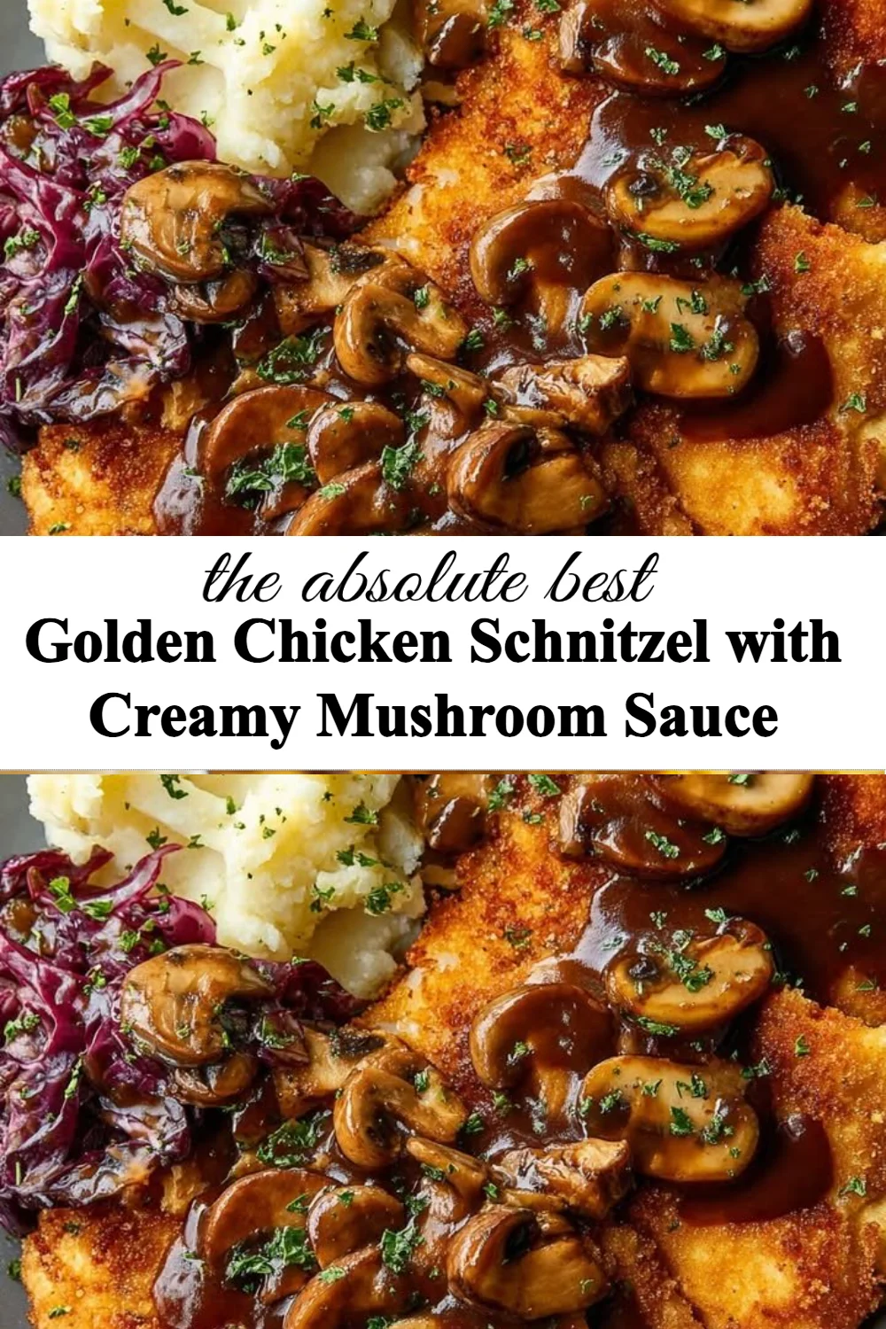 Golden chicken schnitzel served with creamy mushroom sauce on a plate