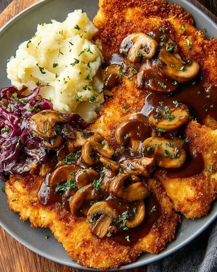 Golden Chicken Schnitzel with Creamy Mushroom Sauce