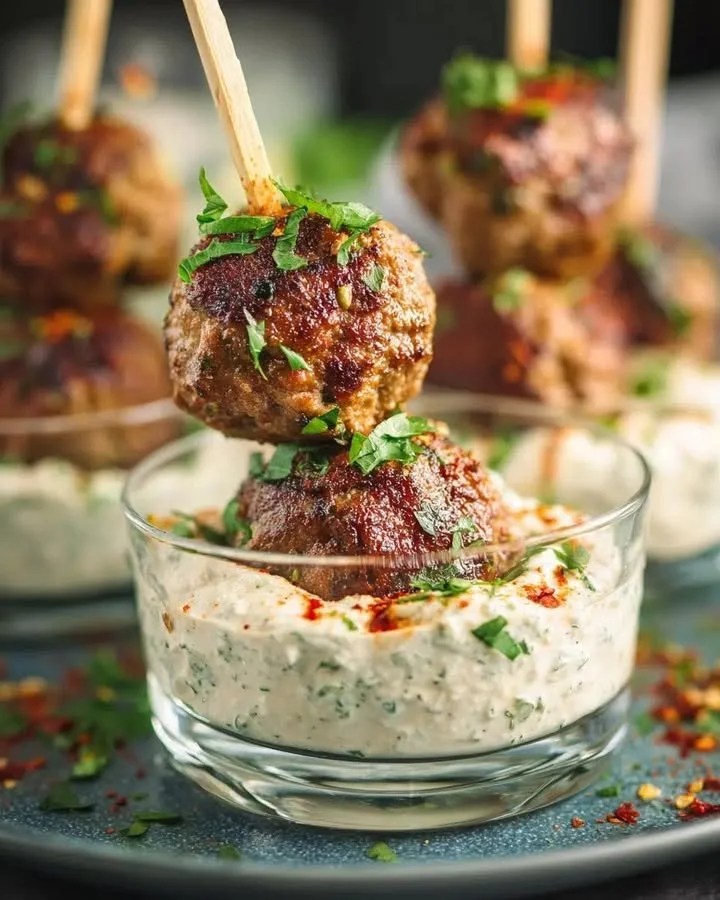 Greek-Style Beef Meatballs with Creamy Sun-Dried Tomato Tzatziki