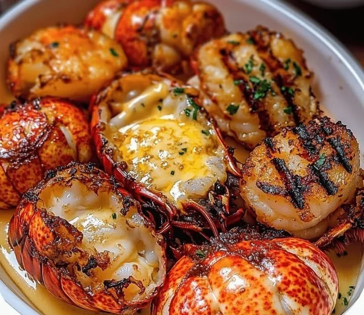 Grilled Lobster Tails with Garlic Butter & Jumbo Prawns