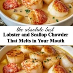 Bowl of creamy Lobster Scallop Chowder garnished with herbs