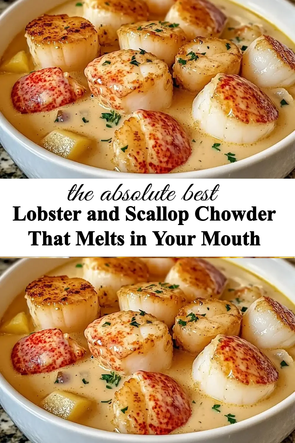 Bowl of creamy Lobster Scallop Chowder garnished with herbs