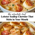 Delicious lobster scallop chowder in a creamy bowl, garnished with fresh herbs.