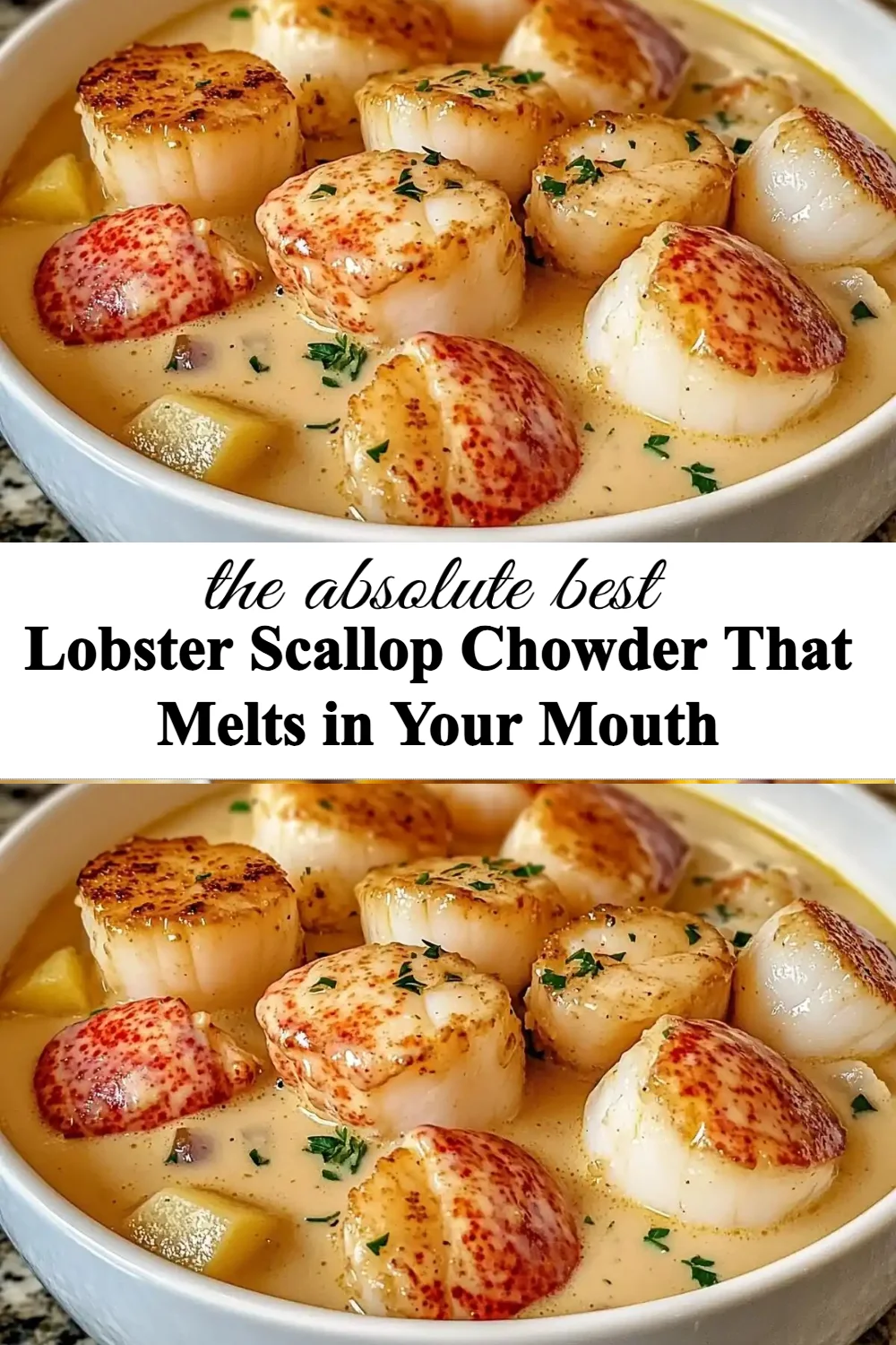 Delicious lobster scallop chowder in a creamy bowl, garnished with fresh herbs.