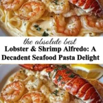 Creamy Lobster Alfredo pasta dish garnished with shrimp and herbs