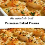 Delicious Parmesan Baked Prawns served on a plate with herbs and lemon.