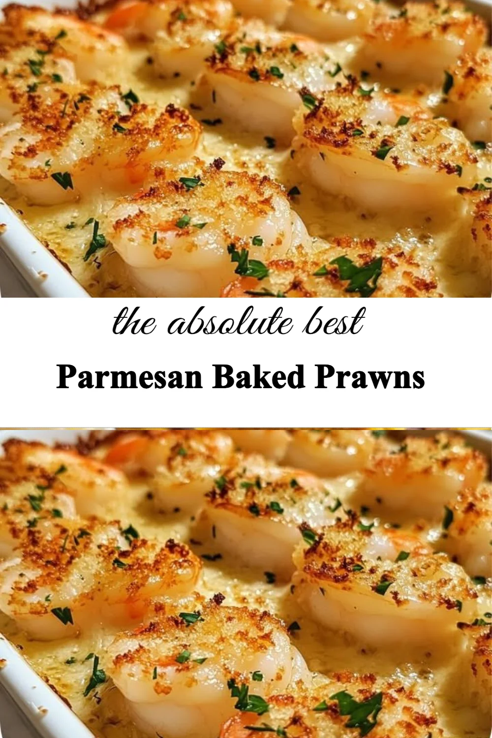 Delicious Parmesan Baked Prawns served on a plate with herbs and lemon.