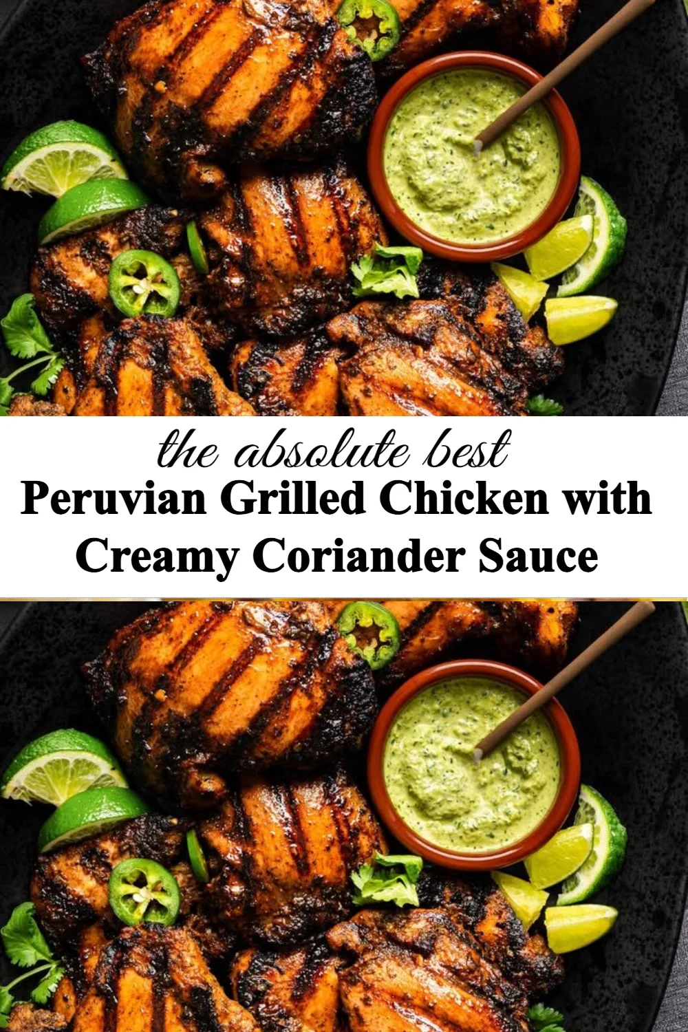 Plate of Peruvian grilled chicken drizzled with creamy coriander sauce.