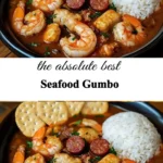 A bowl of delicious Seafood Gumbo with shrimp,fish, and vegetables.