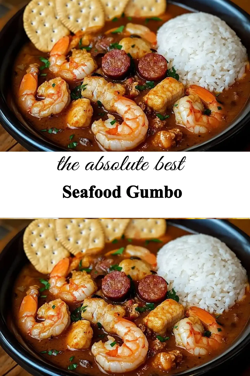 A bowl of delicious Seafood Gumbo with shrimp,fish, and vegetables.