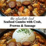 Delicious Seafood Gumbo featuring crab, prawns, and sausage in a rich sauce.