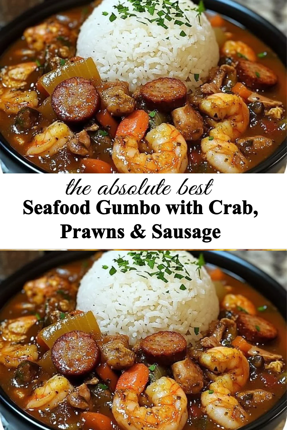 Delicious Seafood Gumbo featuring crab, prawns, and sausage in a rich sauce.