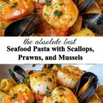 Delicious seafood pasta with scallops, prawns, and mussels served in a creamy sauce
