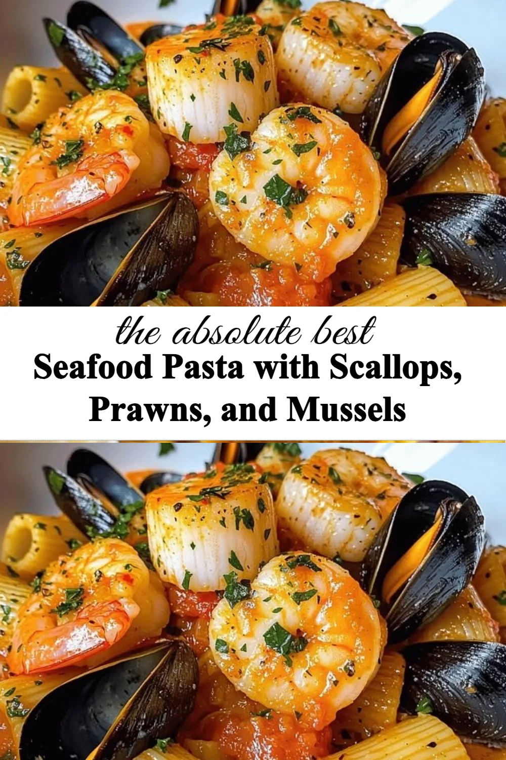 Delicious seafood pasta with scallops, prawns, and mussels served in a creamy sauce