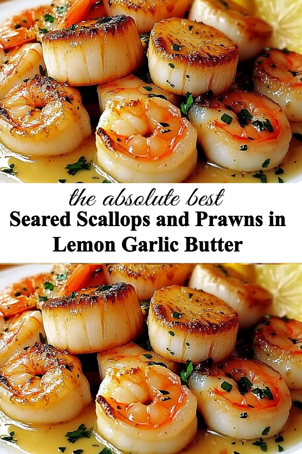 Seared scallops and prawns served in lemon garlic butter sauce