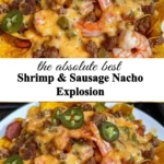 Delicious Shrimp Sausage Nachos topped with cheese and jalapeños