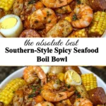 Delicious southern-style spicy seafood boil bowl with shrimp, crab, and spices.
