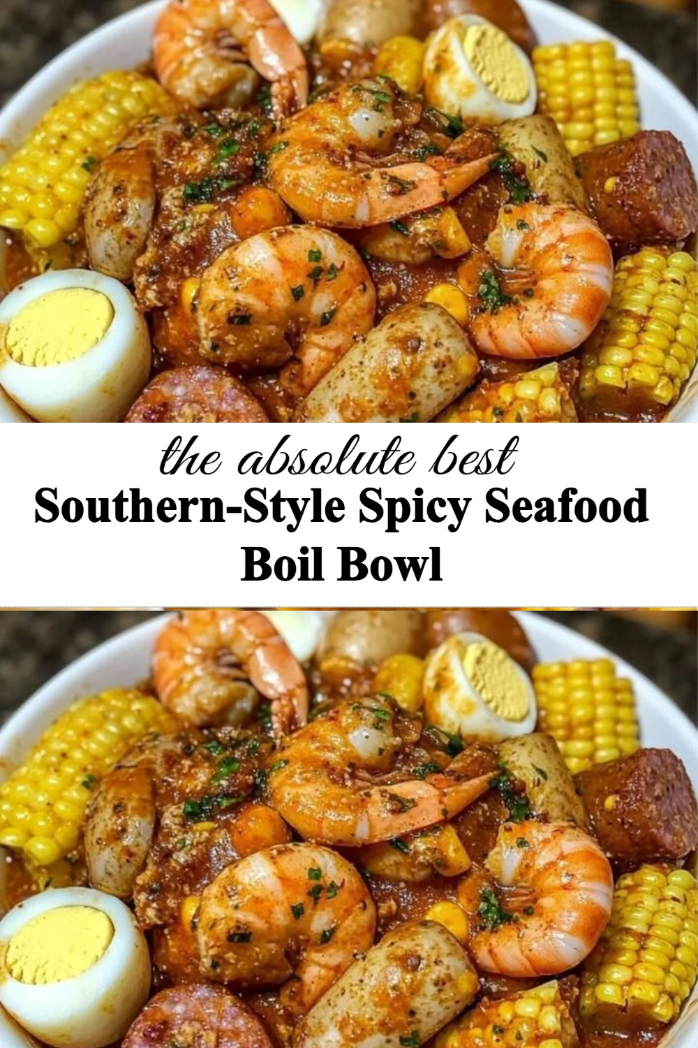 Delicious southern-style spicy seafood boil bowl with shrimp, crab, and spices.