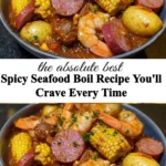 Delicious spicy seafood boil served in a large pot with shrimp, crab, and corn