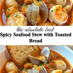 Spicy seafood stew served with toasted bread