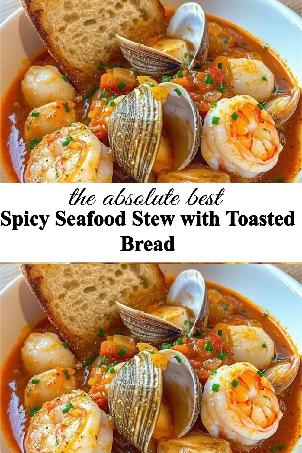Spicy seafood stew served with toasted bread