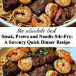 Steak, prawn, and noodle stir-fry served in a bowl