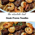 Plate of Steak Prawn Noodles with herbs and spices