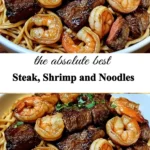 Delicious steak, shrimp, and noodles dish served on a plate.