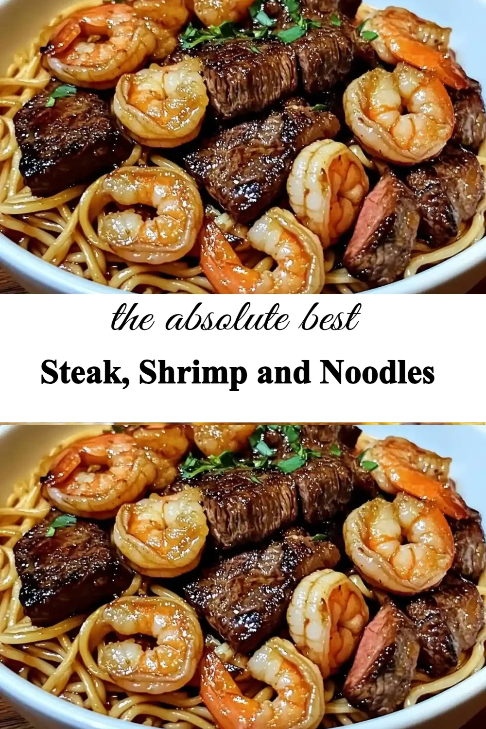 Delicious steak, shrimp, and noodles dish served on a plate.