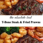 T-Bone steak served with crispy fried prawns on a plate