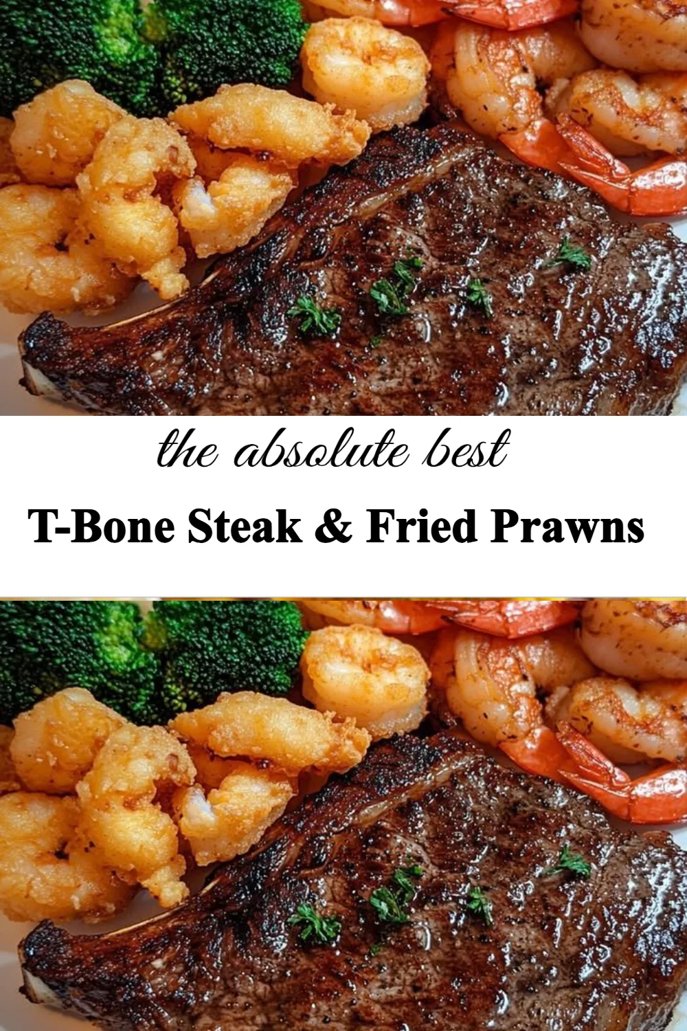 T-Bone steak served with crispy fried prawns on a plate