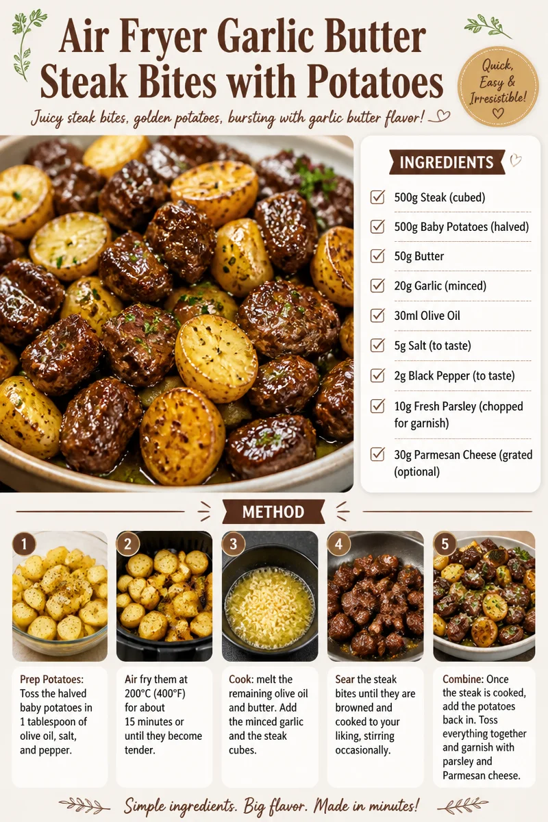 Air Fryer garlic butter steak bites served with crispy potatoes