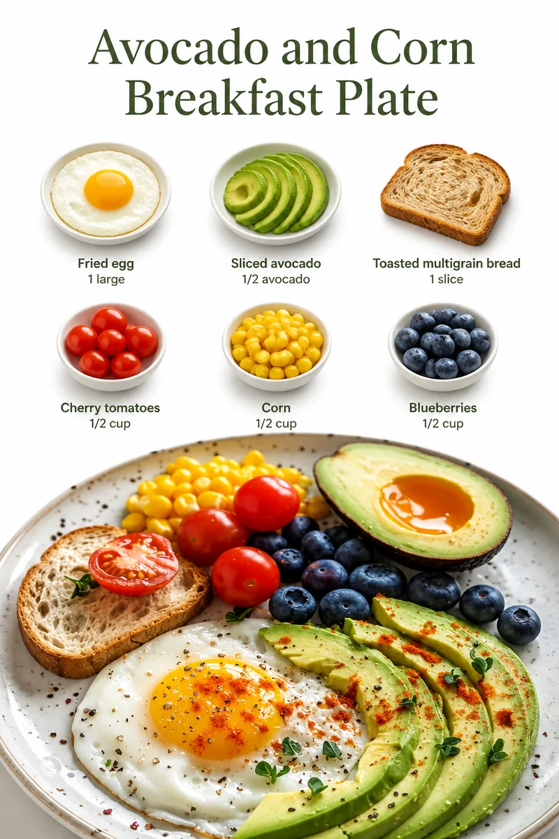 Avocado and corn breakfast plate with fresh ingredients and vibrant colors