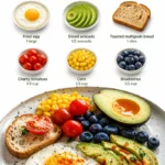 Avocado and Corn Breakfast Plate with fresh ingredients on a wooden table