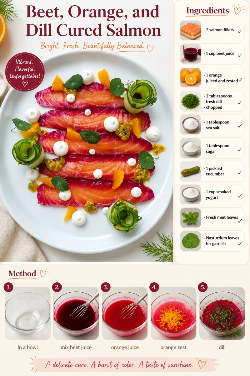 Beet, orange, and dill cured salmon on a plate garnished with herbs