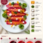 Beet, Orange, and Dill Cured Salmon beautifully plated on a wooden board.