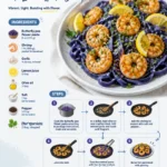 Plate of Butterfly Pea Flower Pasta with succulent lemon-garlic shrimp.