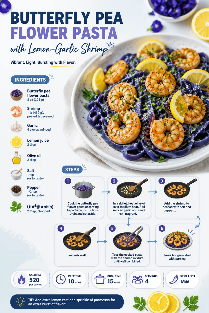 Plate of Butterfly Pea Flower Pasta with succulent lemon-garlic shrimp.