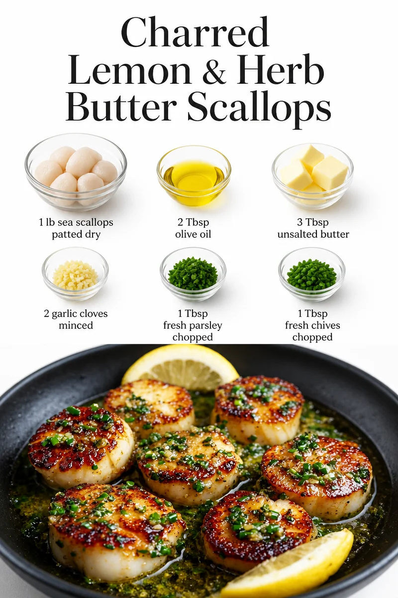 Delicious charred lemon and herb butter scallops served on a plate
