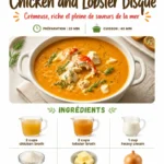 Delicious chicken and lobster bisque served in a bowl garnished with herbs.