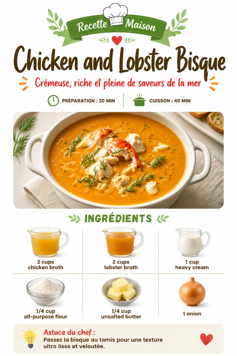 Delicious chicken and lobster bisque served in a bowl garnished with herbs.