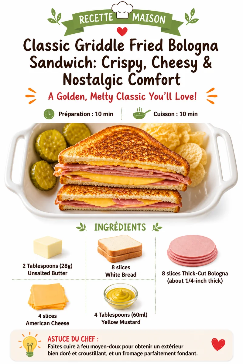 Classic griddle fried bologna sandwich with cheese, perfectly crispy and comforting.